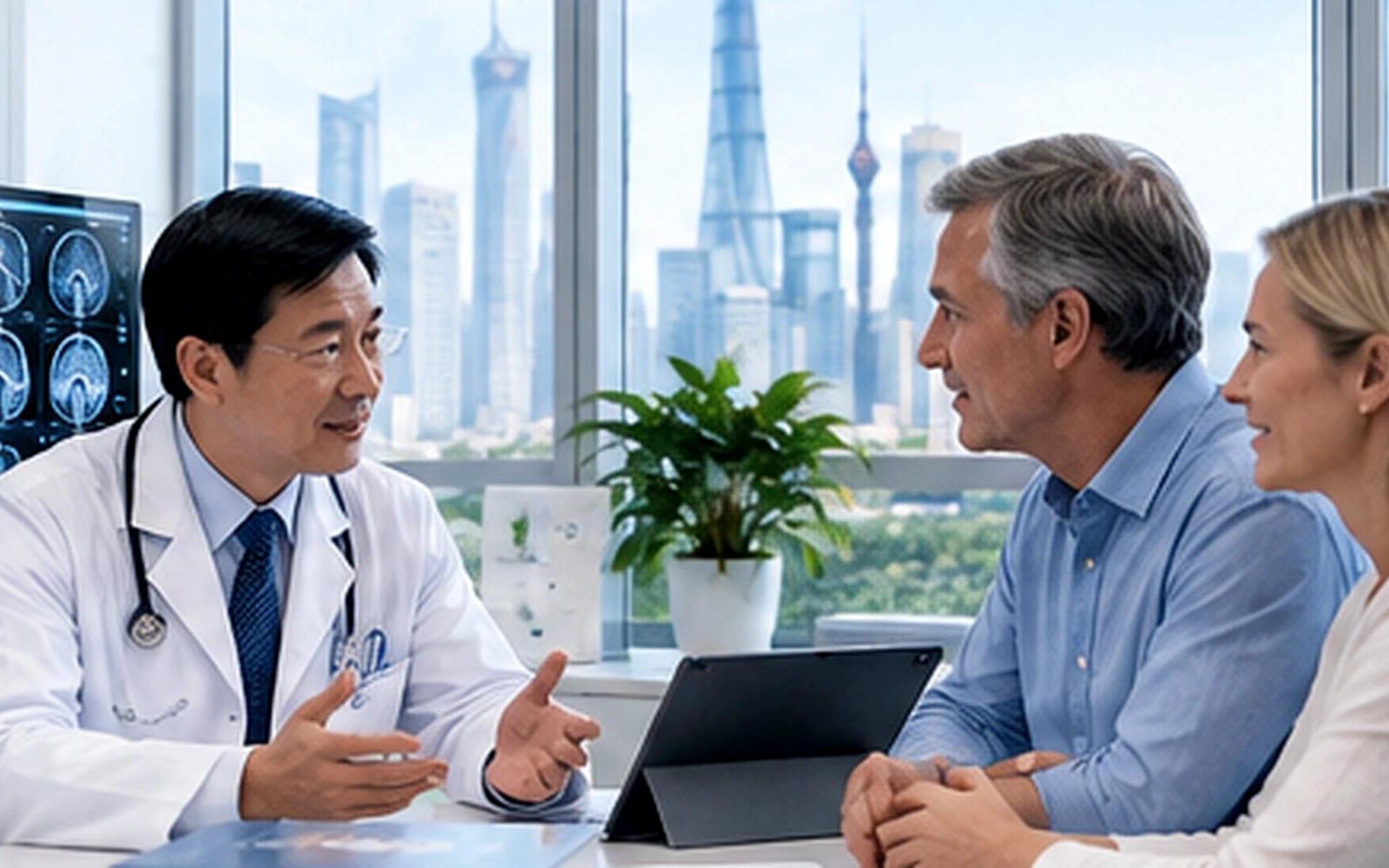 Chinese physician and international patients reviewing medical information